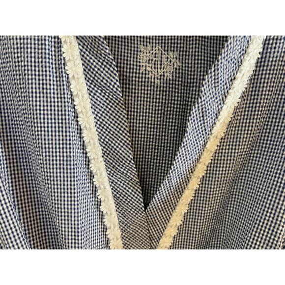 EILEEN WEST BLUE WHITE Gingham CHECK Lightweight SHORT Womens M WRAP ROBE - Picture 4 of 15